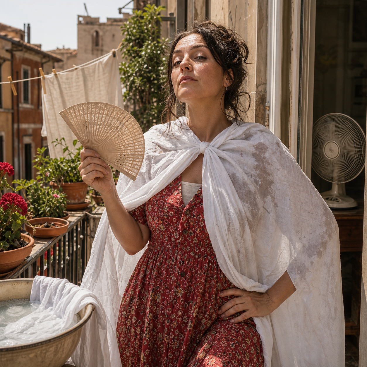 Giulia using a wet sheet as heatwave armor on a Roman balcony