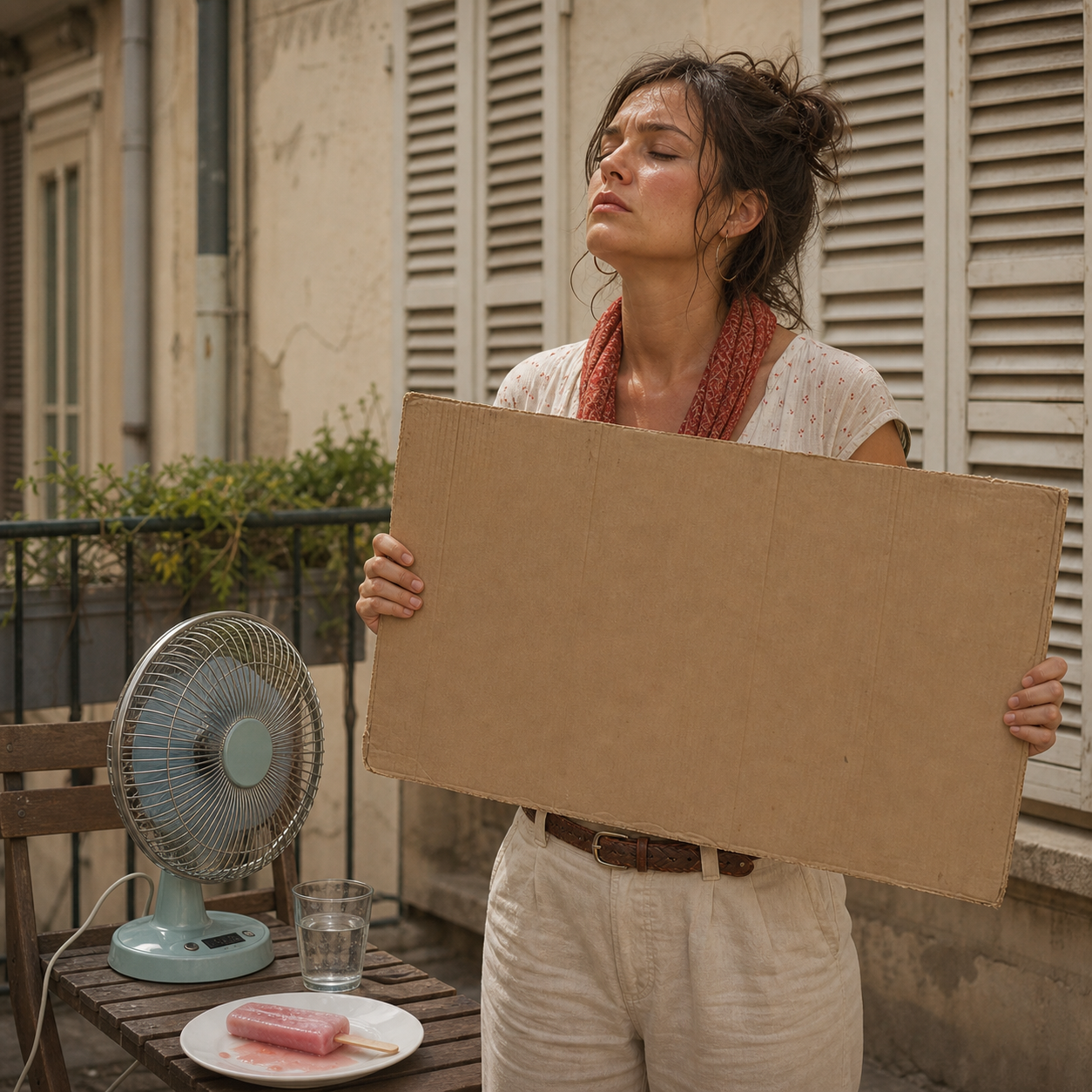Marie protesting the heat with a blank cardboard sign