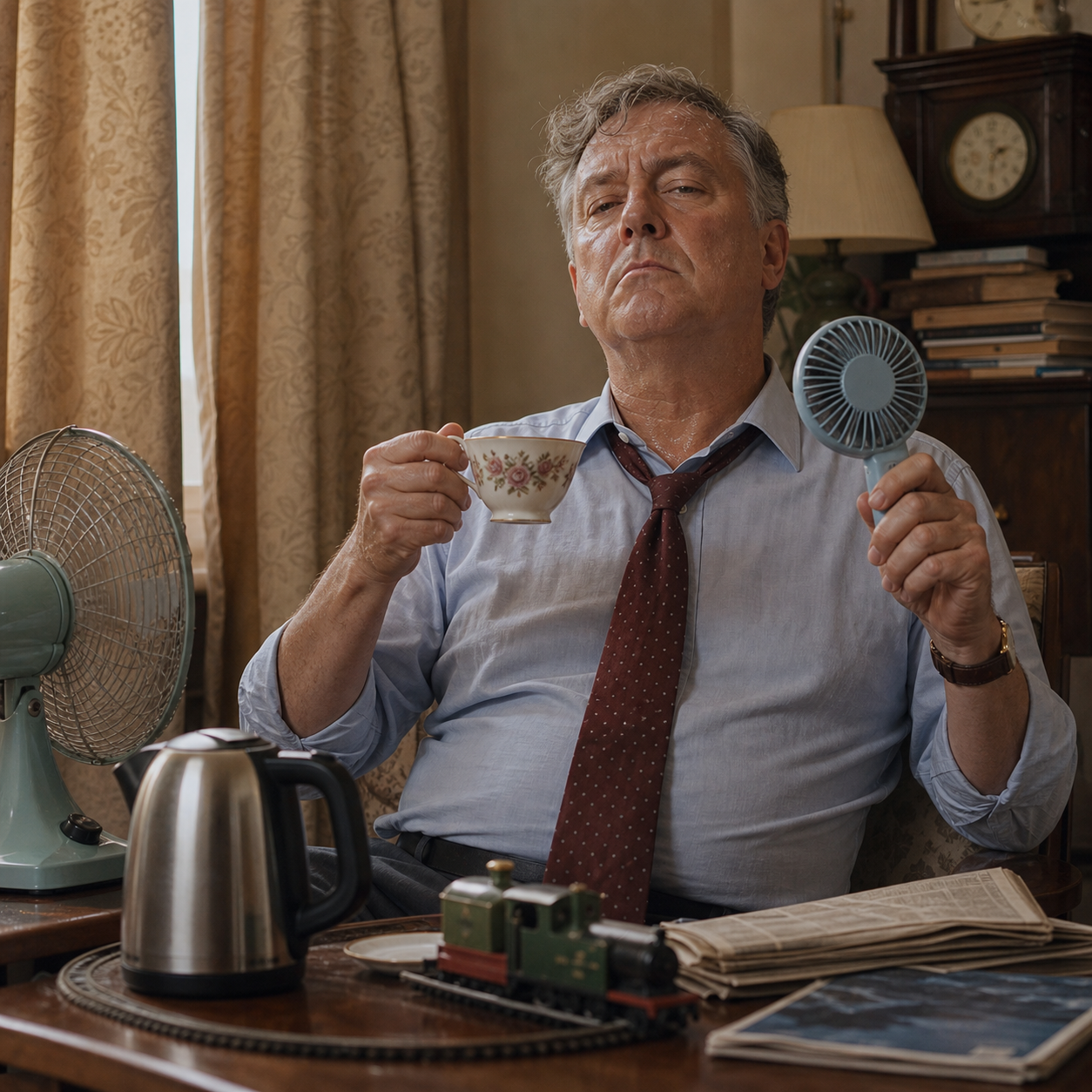 Nigel solemnly holding tea and a handheld fan during a London heatwave